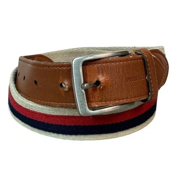 Tommy Hilfiger Mens 38 Ribbon Belt Brown Leather Striped Red White Blue Preppy