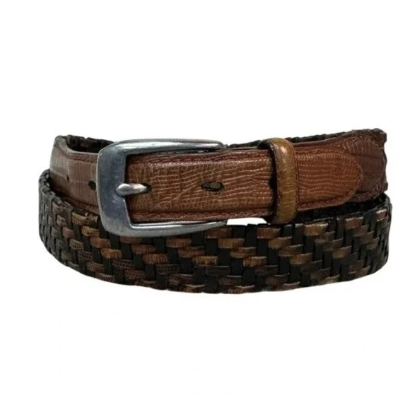Brighton Mens Braided Woven Leather Belt Brown Black Lizard Embossed Trim 40