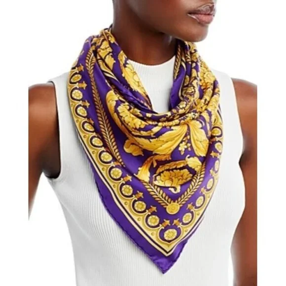 Versace Barocco 100% Silk Purple Square Scarf Retail $575 New with Reticket Tag