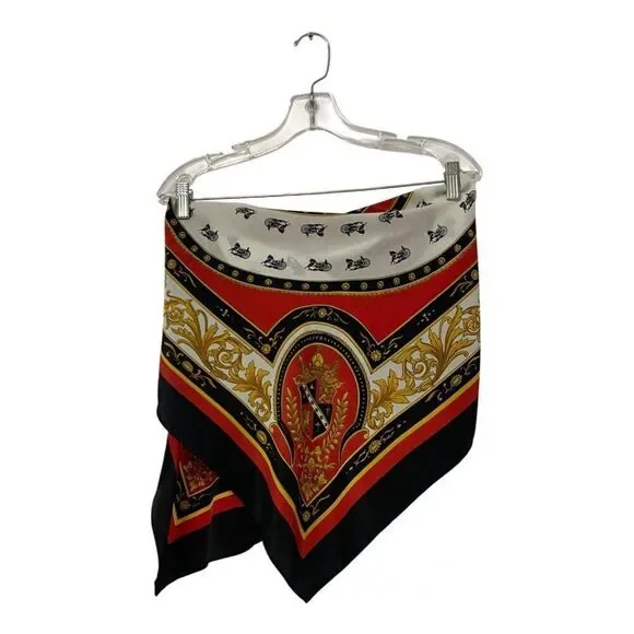 Womens Silk Scarf Horse Carriage Crest One Size Gold Red Black Baroque Vintage