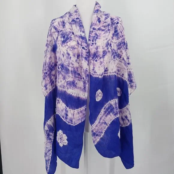 Hand Dyed Silk Scarf Blue White Tie Dye Batik Shawl Wrap Lightweight Boho purple