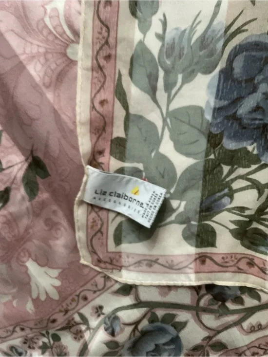 Liz Claiborne Pink and Blue Floral Border Silk Scarf