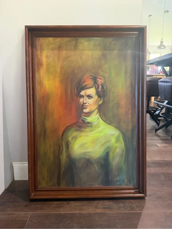 Mid century Oil Painting of a Woman in Green Turtleneck, 1960-70, 39 1/2