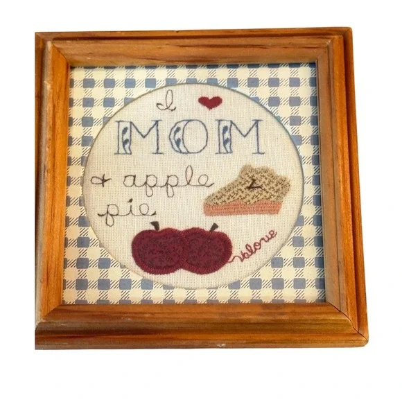 Vintage 1993 Hand Embroidered I Love Mom & Apple‎ Pie Framed Wall Art 5x5