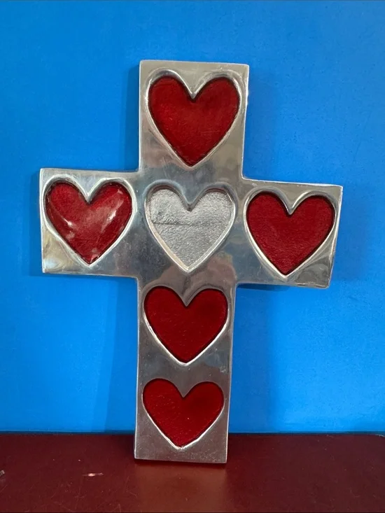 Vintage Cross Signed A La Carte Silver Tone Metal Pewter Mexican Folk Art #69