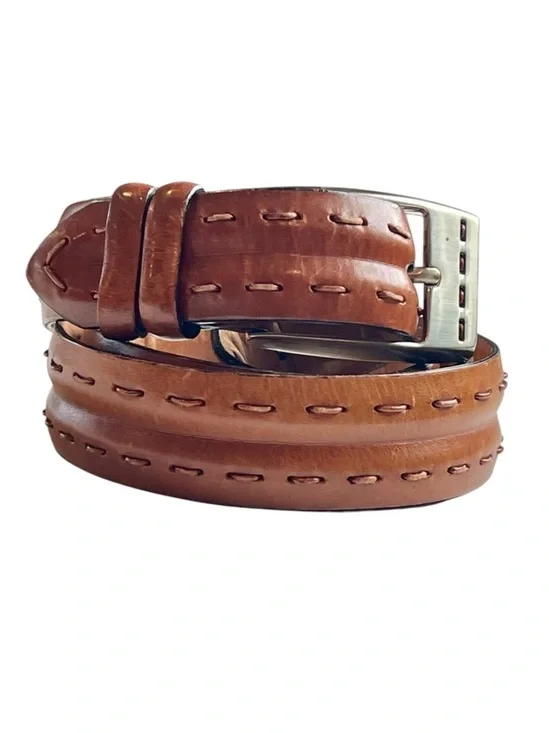 Vintage Brown Leather Belt Solid Brass Silver Buass Silver Buckle Unisex Classic