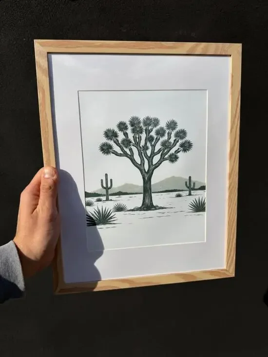 Framed Black Joshua Tree Desert Art Print — Natural Wood Frame
