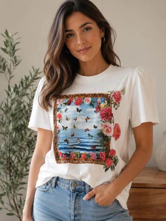 Johnny Was Floral Frame Ocean Print in Blue, Pink, Green, Gold