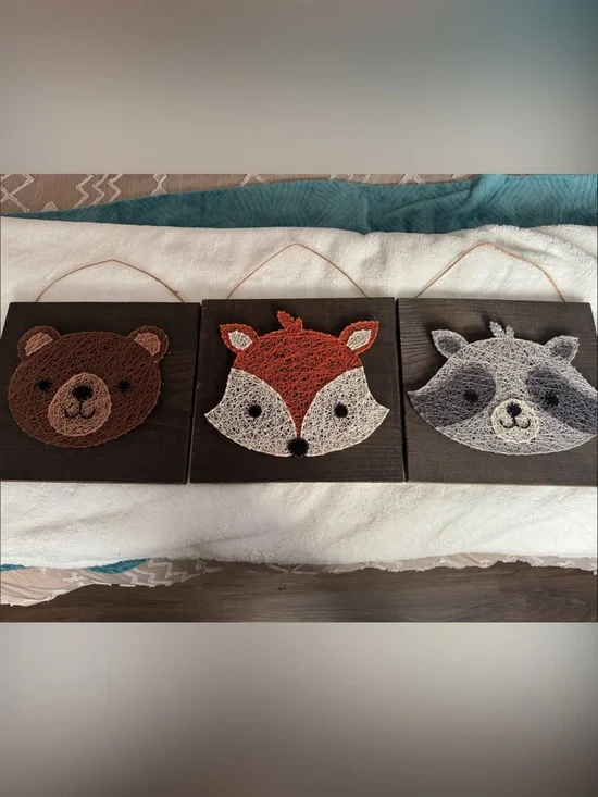 Wooden String Art Animal Trio - Brown Bear, Orange Fox, Gray Raccoon