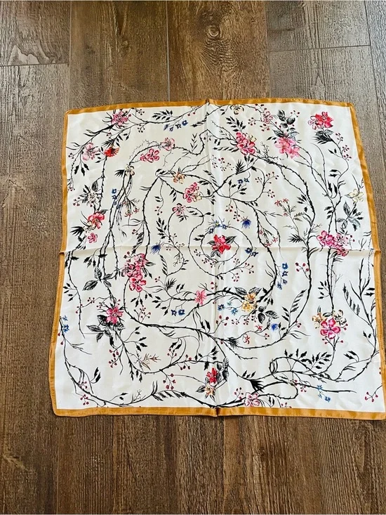 100 %Floral Silk Satin Scarf - Cream with Pink Flowers 26/26 inches