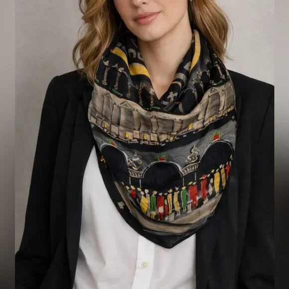 Opera House Print Hand Rolled Silk Square Scarf Black Multicolor 34”
