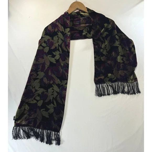 Vintage Whimsigoth Dark Academia Floral Scarf OS Silk Velvet Fringe Purple Green