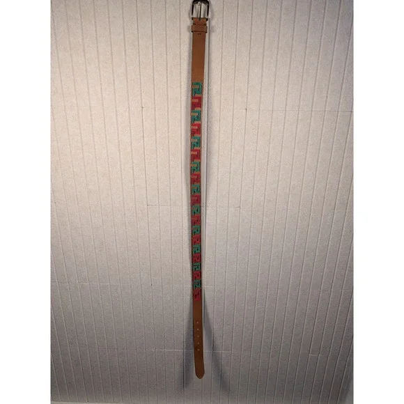 J.McLaughlin Caerus Leather Belt Mens 40 Chestnut Greek Key Deboss New