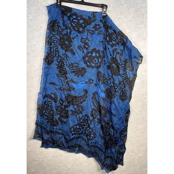 100% Pure Silk Scarf Shawl Wrap Made in India Blue Floral Birds  27” x 70”