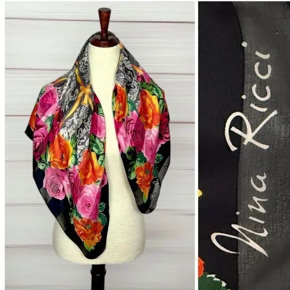Vintage Nina Ricci Silk Scarf Black with Roses Floral and Lace Print 34x34