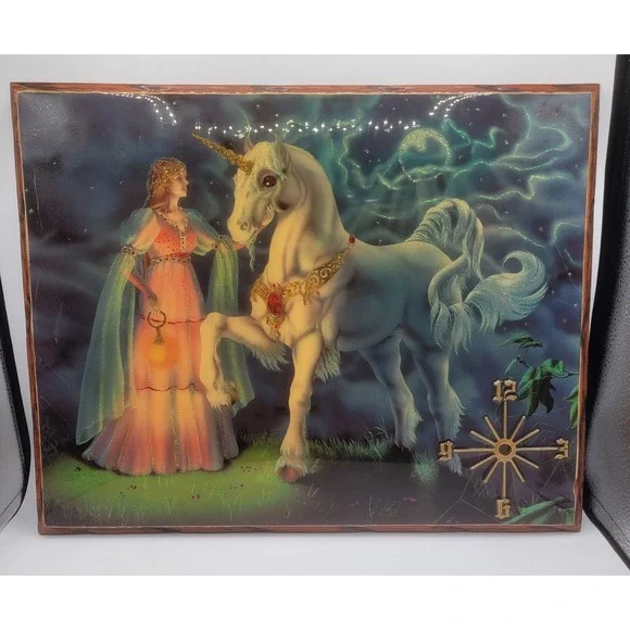 Vintage 1982 Sue Dawe Unicorn Fantasy Art Wood Plaque Glossy Glitter 80s Decor