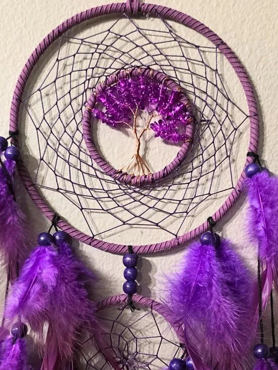 Handmade Purple Crystal Style Tree Dream Catcher | Gothic & Boho Wall Decor | Vi