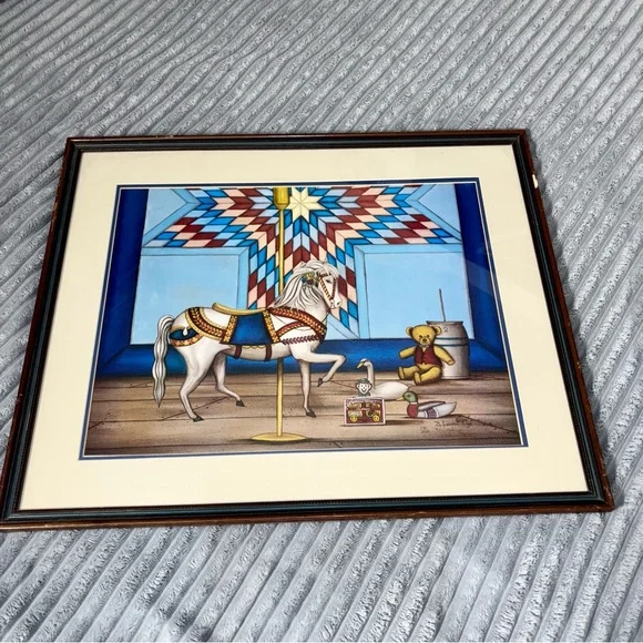 B. Cummings  84 730/2000 Carousel Horse with Teddy bear Art work‎ 32x25