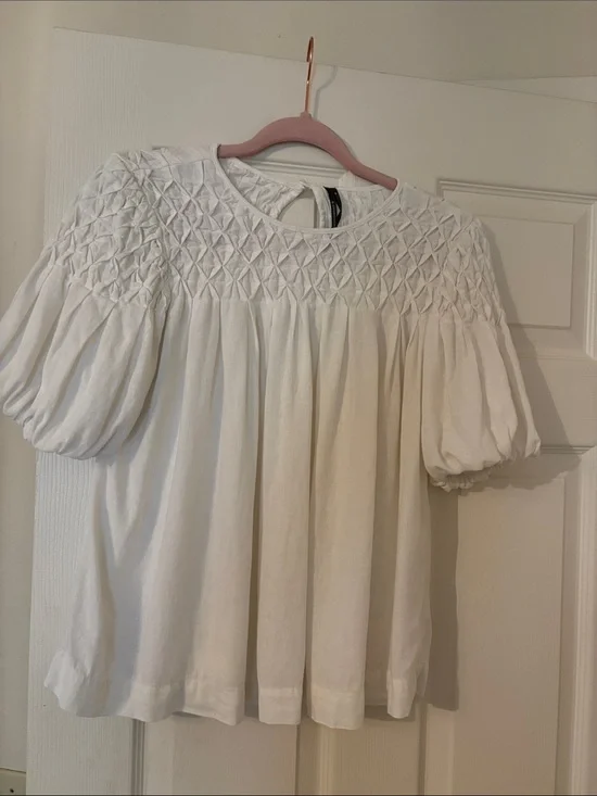 Anthropologie White Smocked Puff-Sleeve Blouse