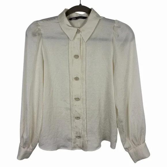 Zara Pearl Button Blouse Women's Small Ivory Puff Sleeve Tie Neck Pintuck Top