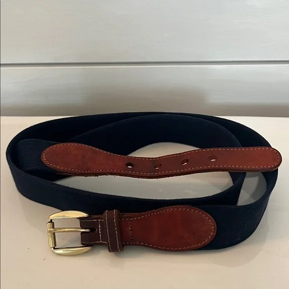 Men's Navy Canvas Belt with Brown Leather With Solid Brass Buckle Size 40