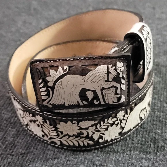 Charro Style‎ Western Laser Cut Leather Belt Horse Floral Brown White 28