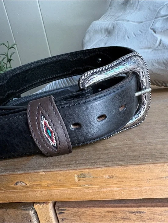 Wrangler Black Leather Belt with Brown Loop and Silver Buckle