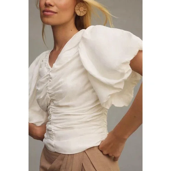 Anthropologie Pilcro Ruched Puff-Sleeve Top L Coquette Coastal Romantic Ballet
