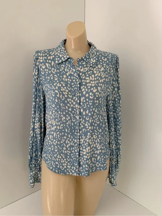 ZARA Blue Animal Print Button Front Blouse Long Sleeve Viscose Top Size S