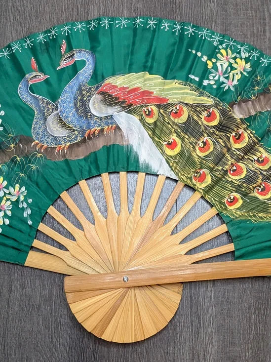Vintage Decorative Peacock Wall Fan Handpainted Asian Floral Large 30