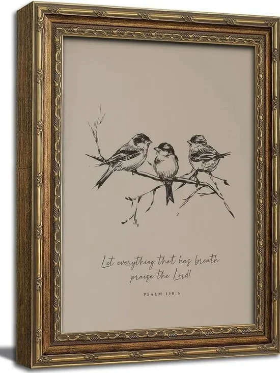 Vintage Gold Framed Bible Verse Wall Art | Neutral Farmhouse Sparrow Decor