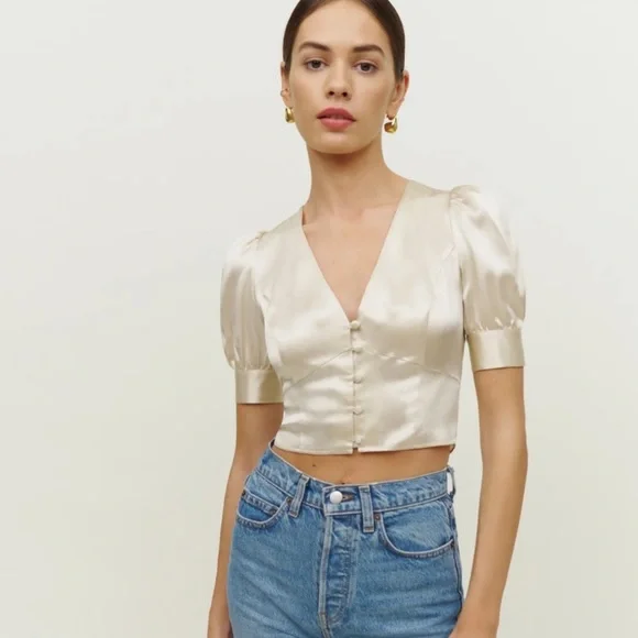 Reformation Champagne Satin V-Neck Cropped Blouse
