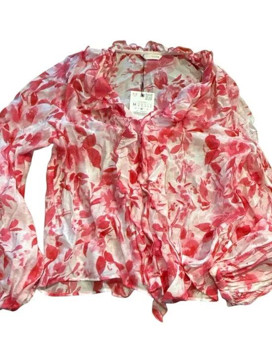 Zara Pink Floral Ruffle Chiffon Blouse