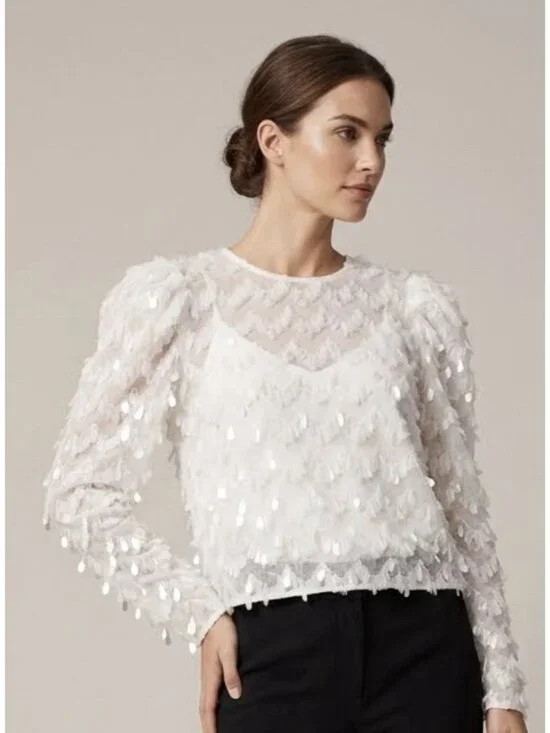 New Zara White Sequin Embellished Puff Long Sleeve Party Evening Blouse Top