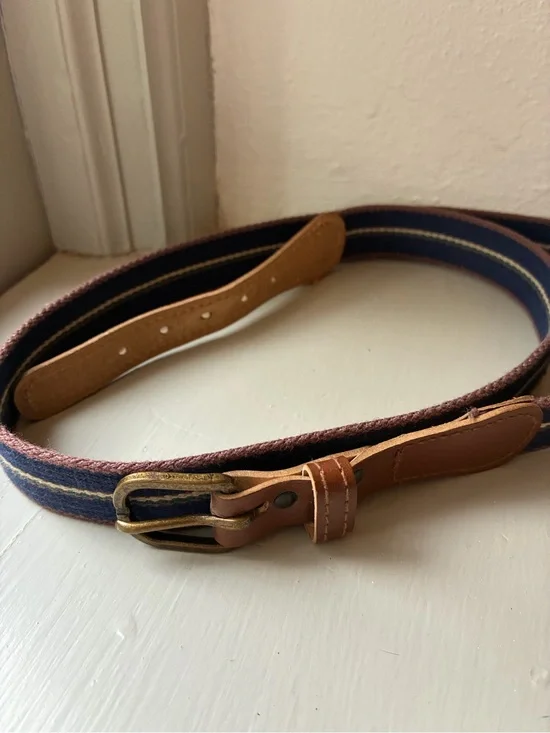 Mens Size 36 Surcingle Belt Striped Canvas Webbing Leather Trim Brass Buckle