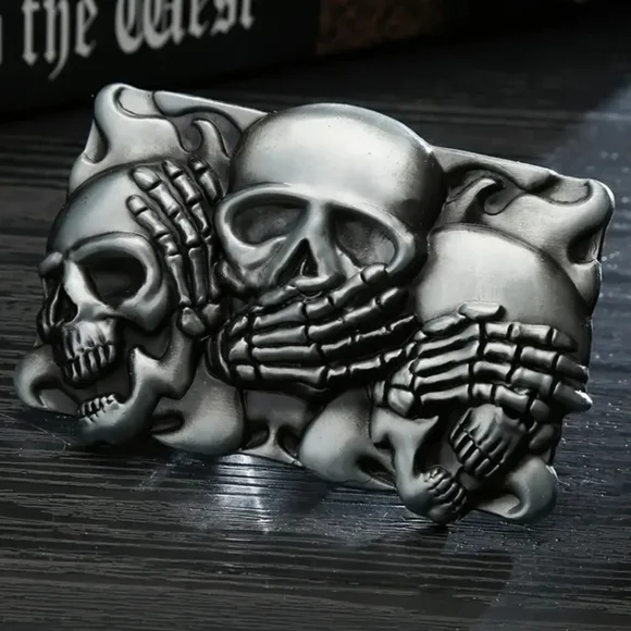 New men's skull hear no evil speak no evil see no evil belt buckle
