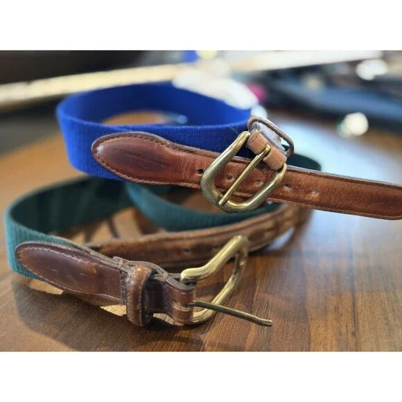 S/2 Torino Belts Mens 36 Blue & Green Woven Stretch Belt Brown Leather Trim USA
