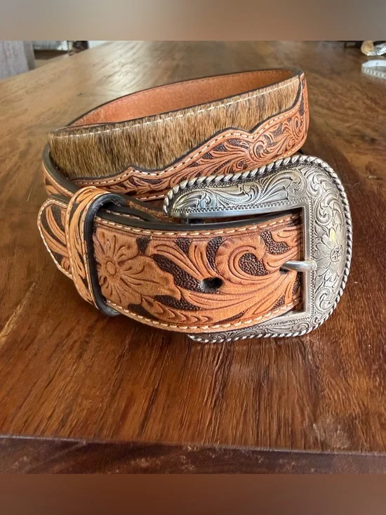 Nocona belt co. Western Tooled Leather Belt with Silver Floral Buckle