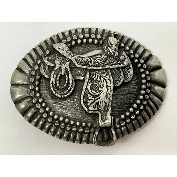 Vintage 1993 EGE Pewter Ornate Western Horse Saddle Cowby Cowgirl Belt Buckle