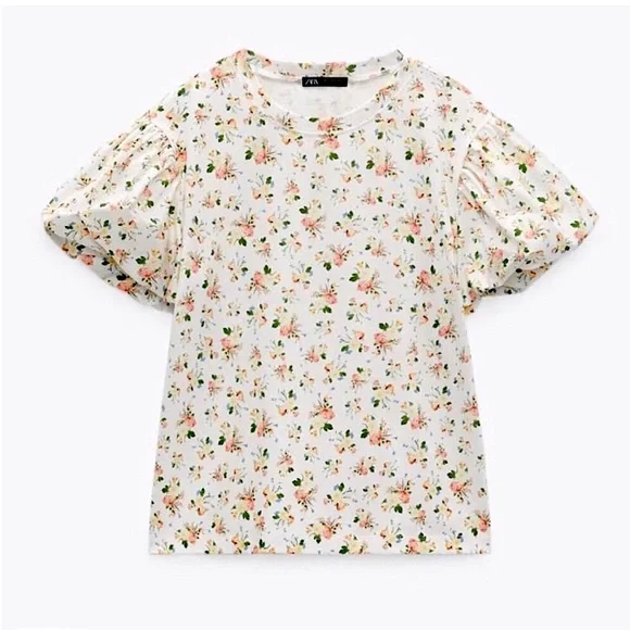 Zara Floral Puff Sleeve T-Shirt