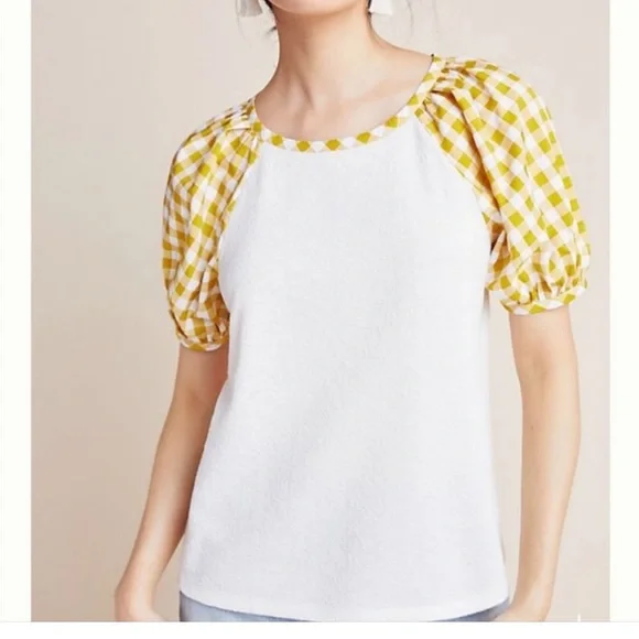 Anthropologie White Top with Yellow Gingham Puff Sleeves