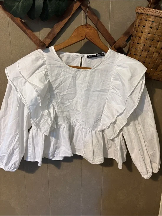 Zara White Ruffle Peplum Top with Statement Sleeves