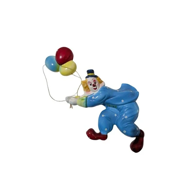Vintage Ceramic Clown Wall Hanging Blue Polka Dot Suit with Balloons 11 Inch