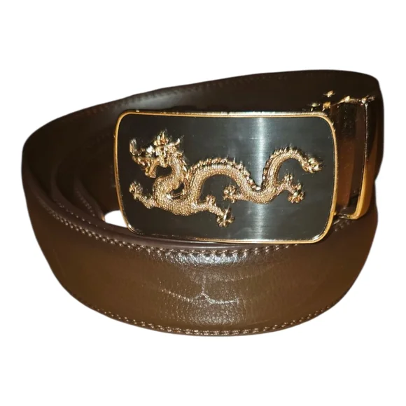 Brown Leather Belt with Gold Dragon Buckle