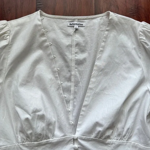 Reformation White V-Neck Puff Sleeve Button Front Top Blouse Sz 12 Cottagecore