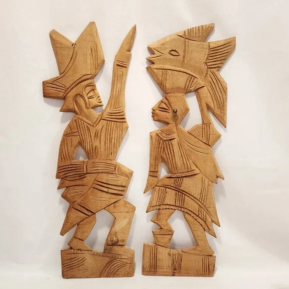 Vintage African Hand Carved‎ Wood Wall Art Plaque Set Man Woman 21