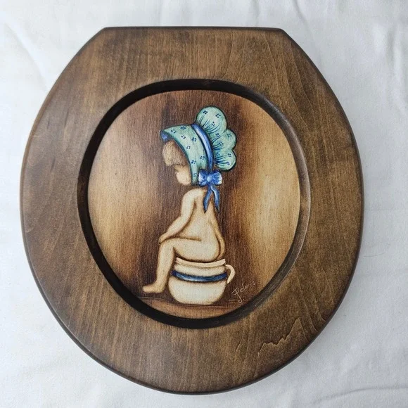 Vtg‎ Peloris Hand Painted Wood Wall Art Child on Potty Bathroom Decor 9 In