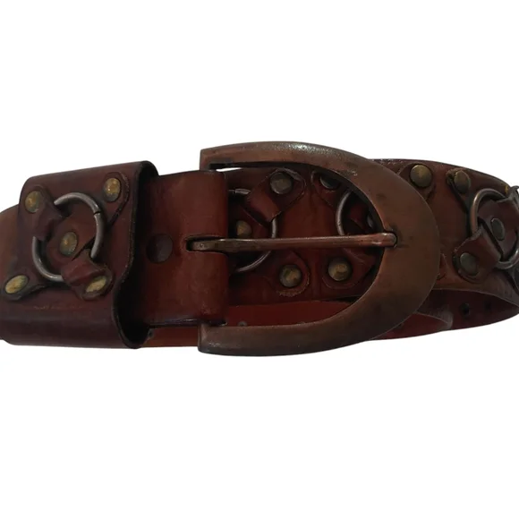 Brown Steerhide Leather Vintage Belt with Metal Accents Brass Buckle