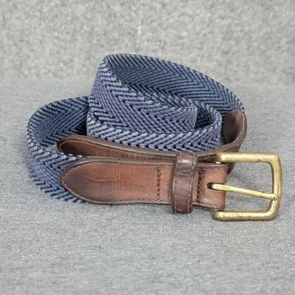 Brooks Brothers Belt Mens L Brown Leather Blue Preppy Woven Stretch Brass Buckle