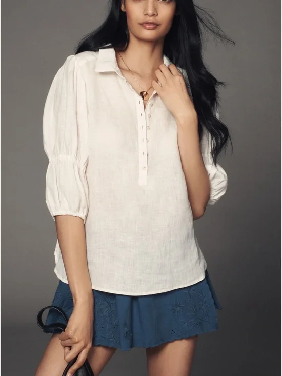 ANTHROPOLOGIE PILCRO The Tallulah Double Puff Sleeve Blouse White Linen size L
